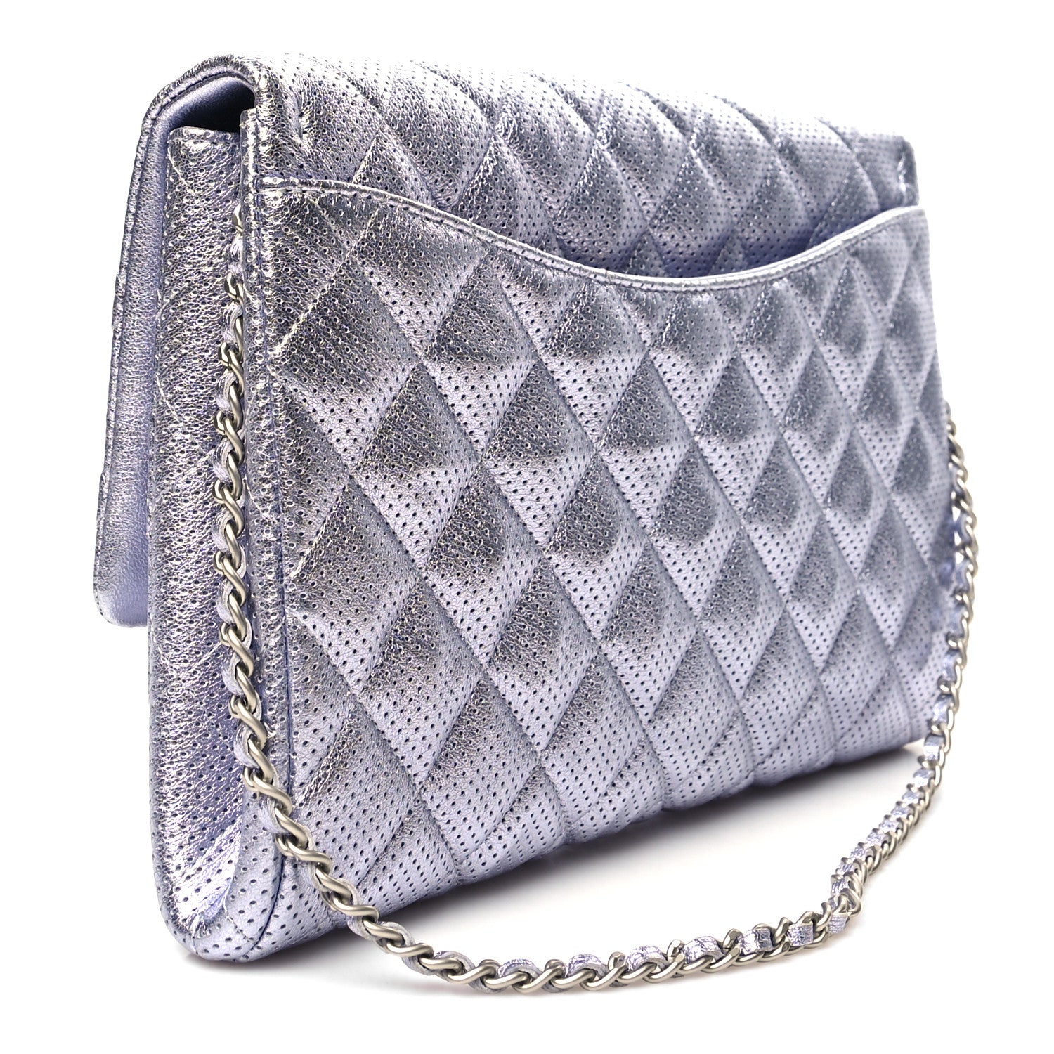 Chanel Metallic Perforated Lambskin Quilted Clutch With Chain Flap Silver 3 of 10