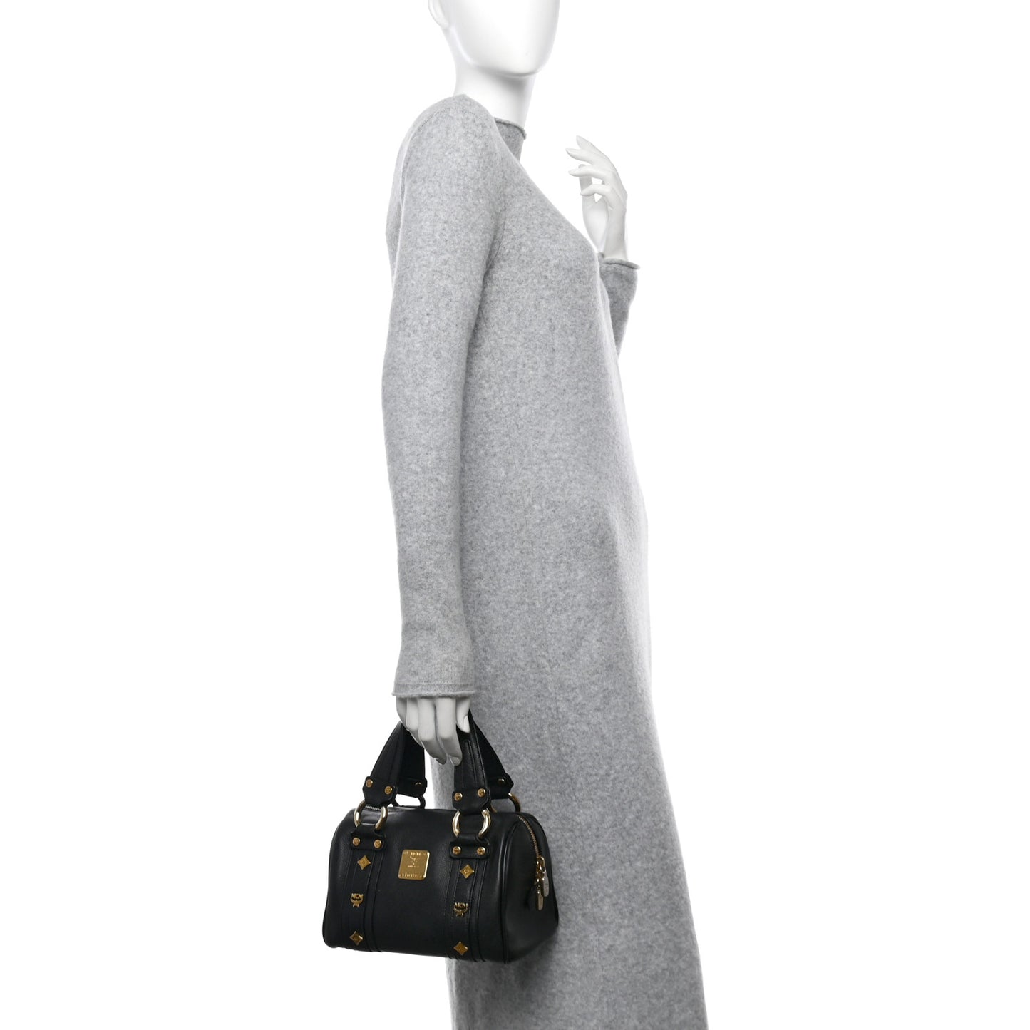 Grained Calfskin Studded Boston Bag Black