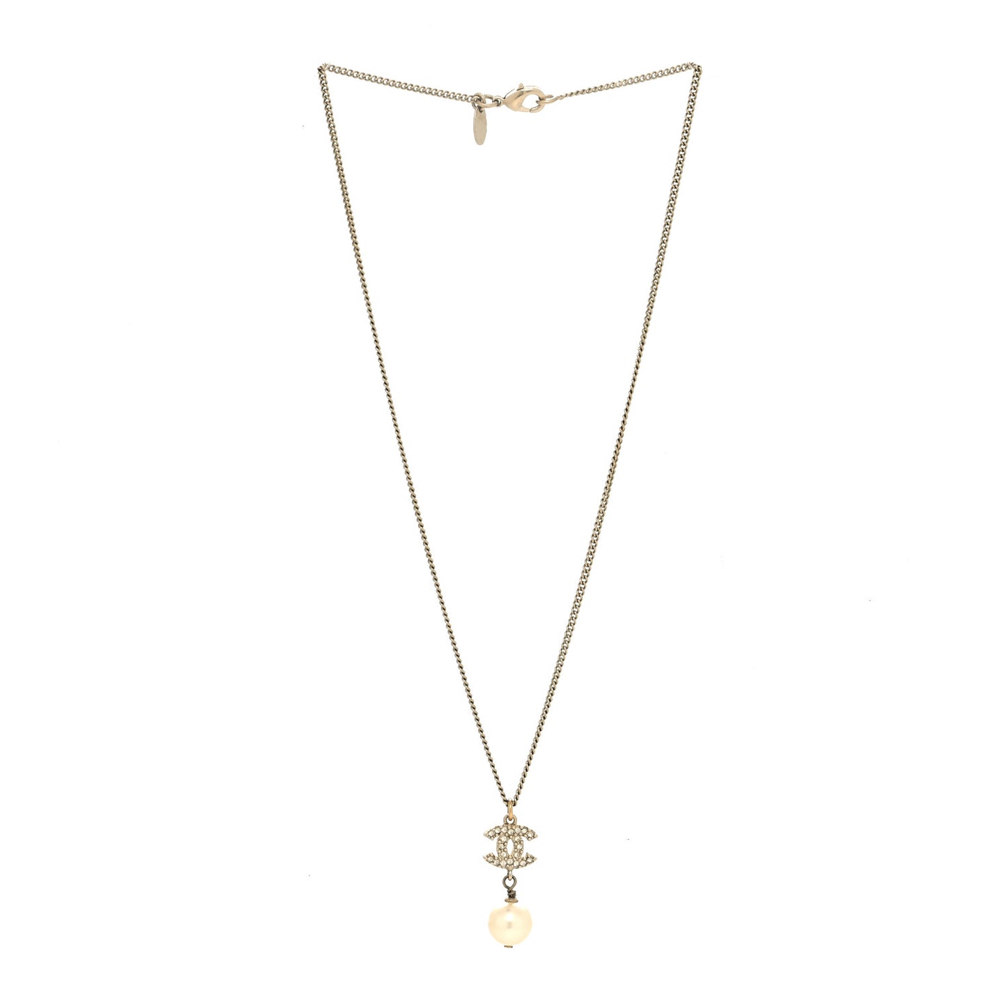 Pearl Crystal CC Pendant Necklace Light Gold