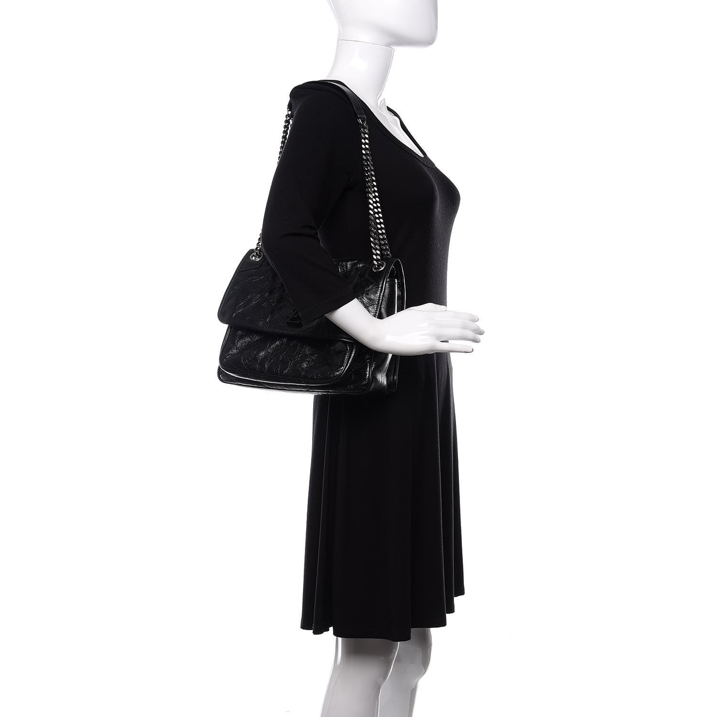 Crinkled Calfskin Matelasse Monogram Medium Niki Chain Satchel Black
