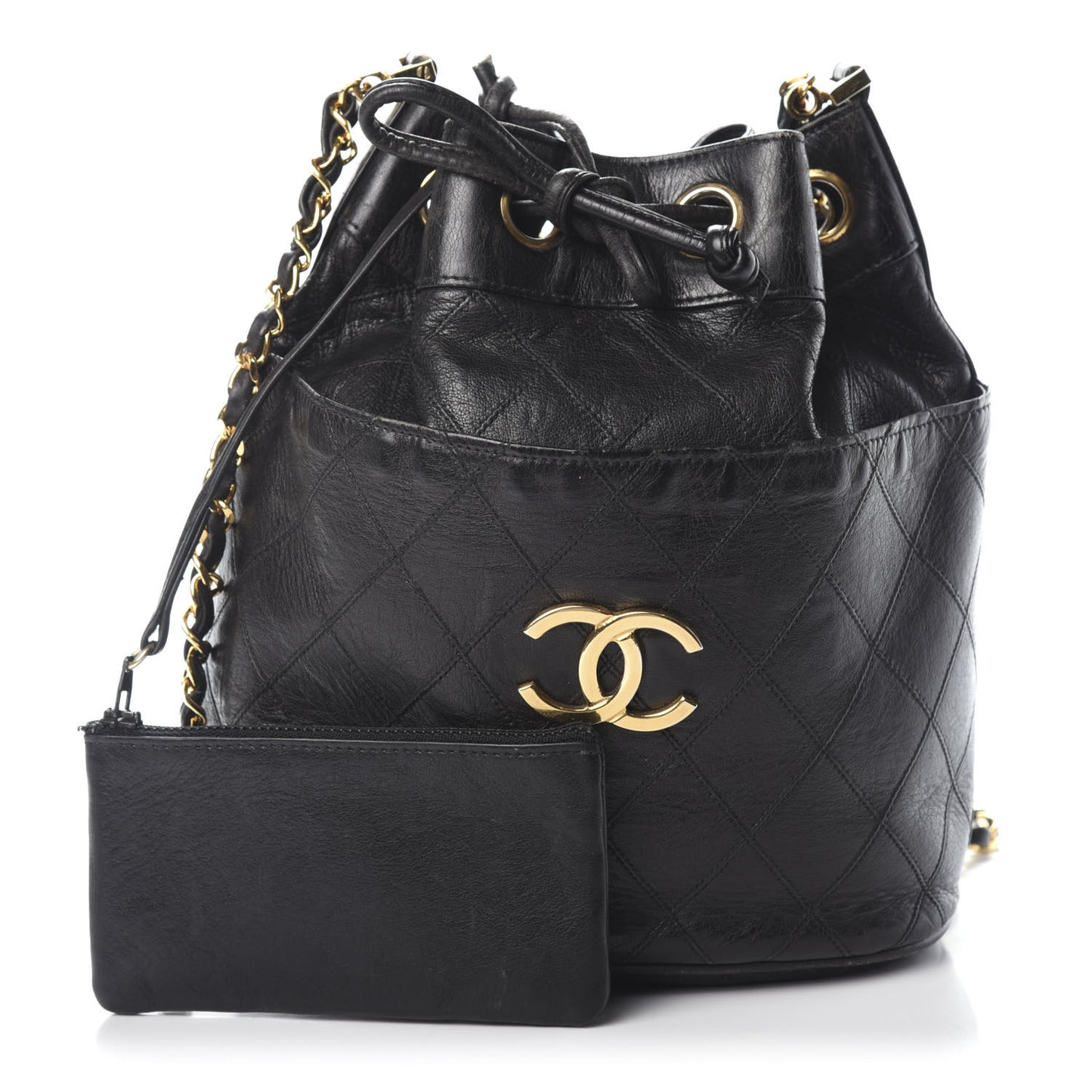Lambskin Diamond Stitched CC Drawstring Shoulder Bag Black