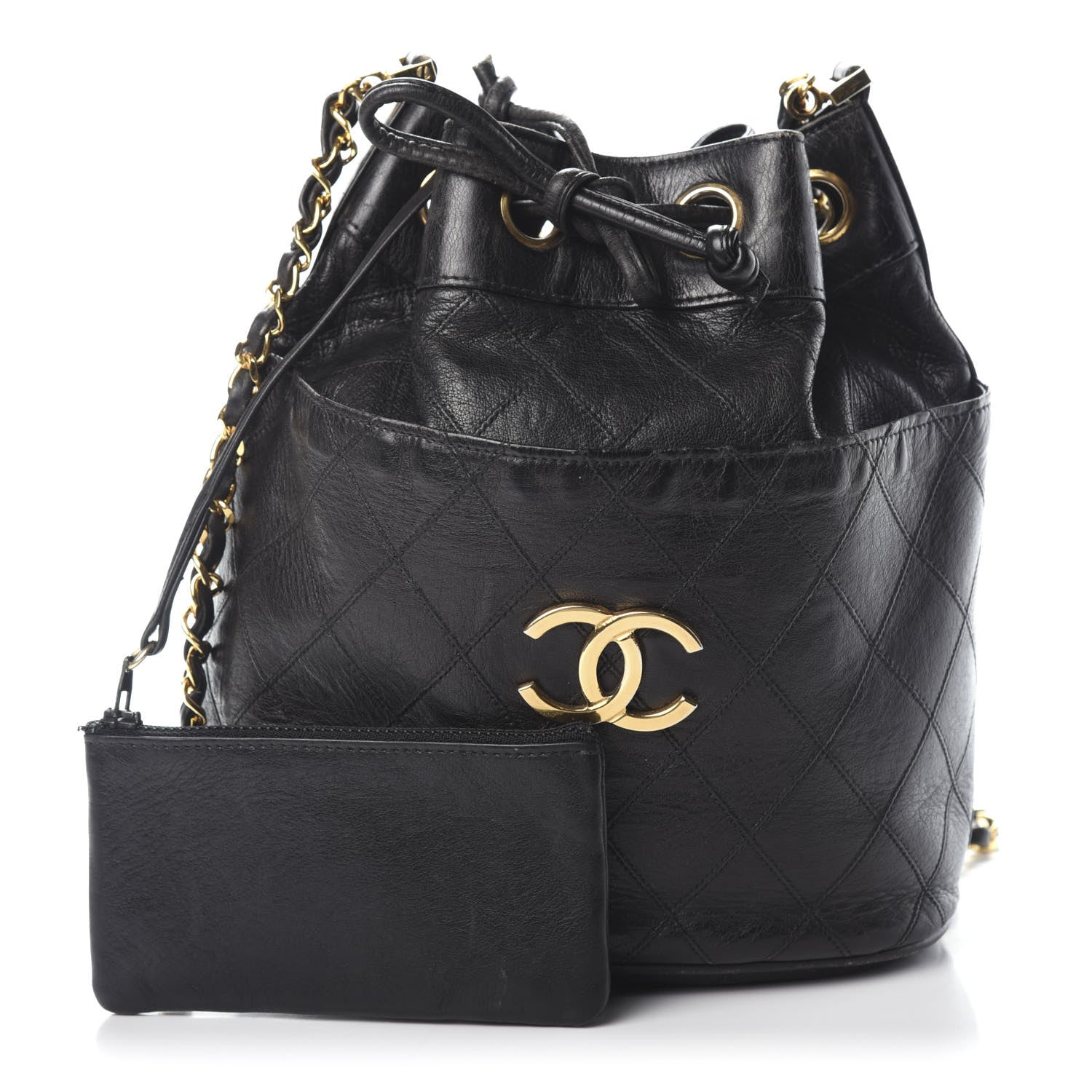 Chanel Lambskin Diamond Stitched CC Drawstring Shoulder Bag Black 1 of 10