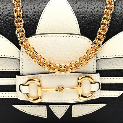 Gucci X ADIDAS Textured Dollar Calfskin Web Small Trefoil Horsebit 1955 Shoulder Bag Black Off White 7 of 9