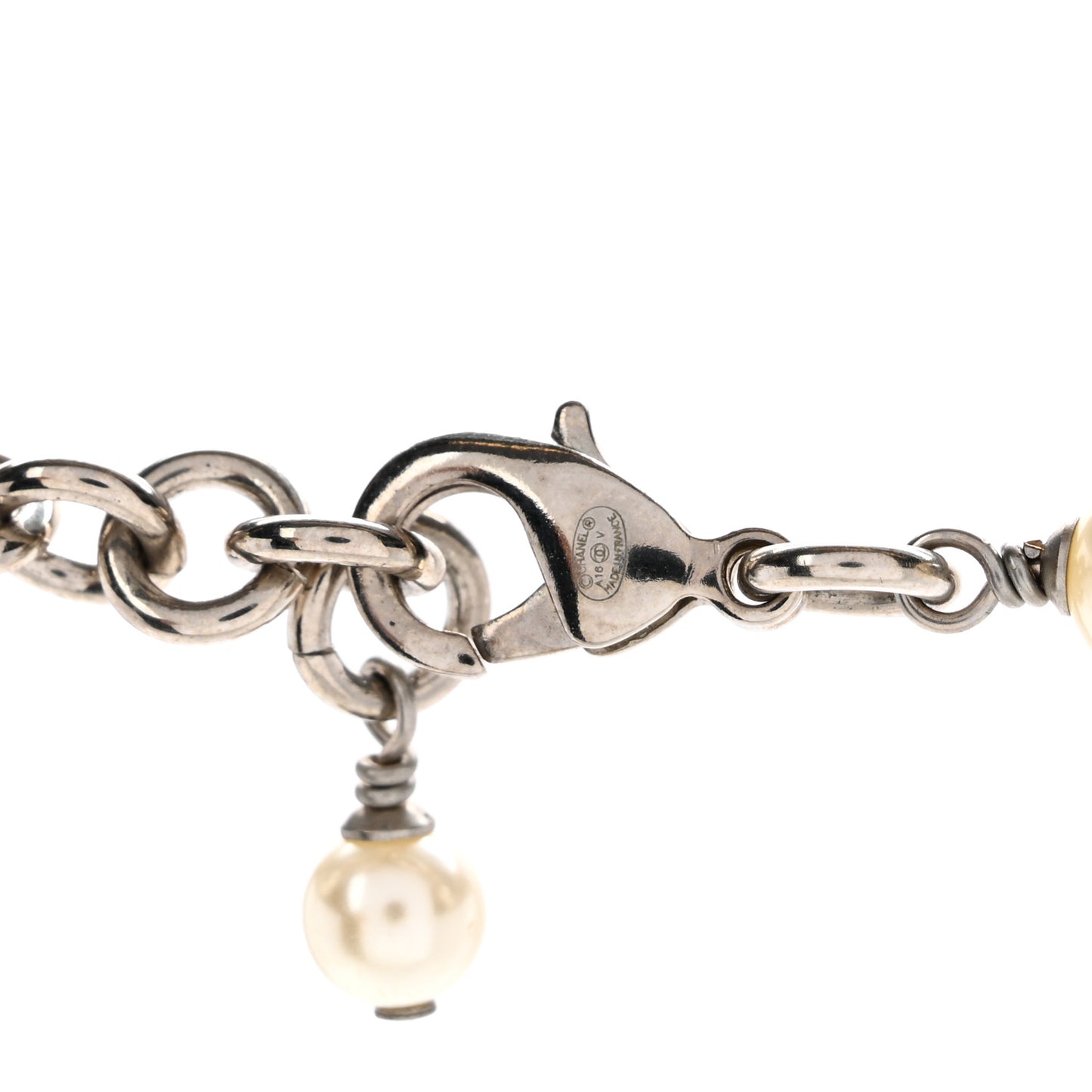 Graduated Pearl Crystal CC Long Necklace Silver