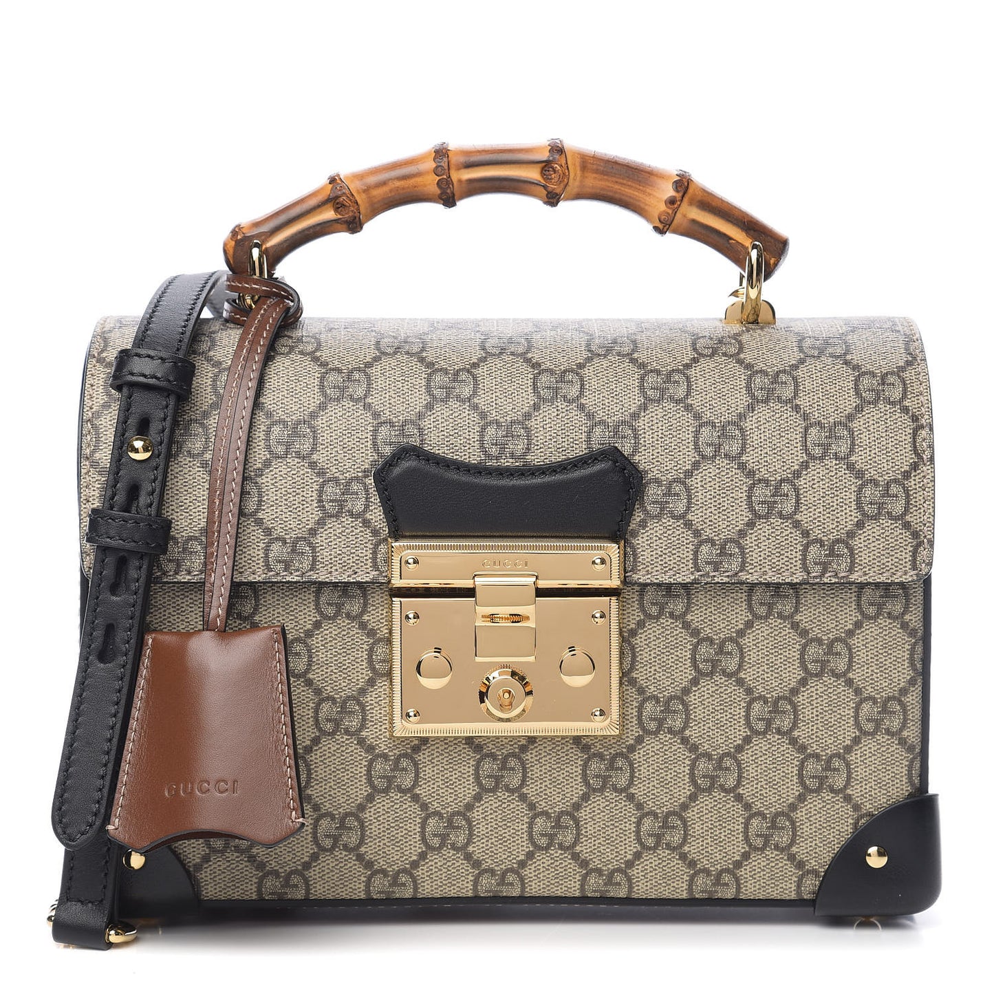GG Supreme Monogram Small Padlock Bamboo Shoulder Bag Beige Black Cuir