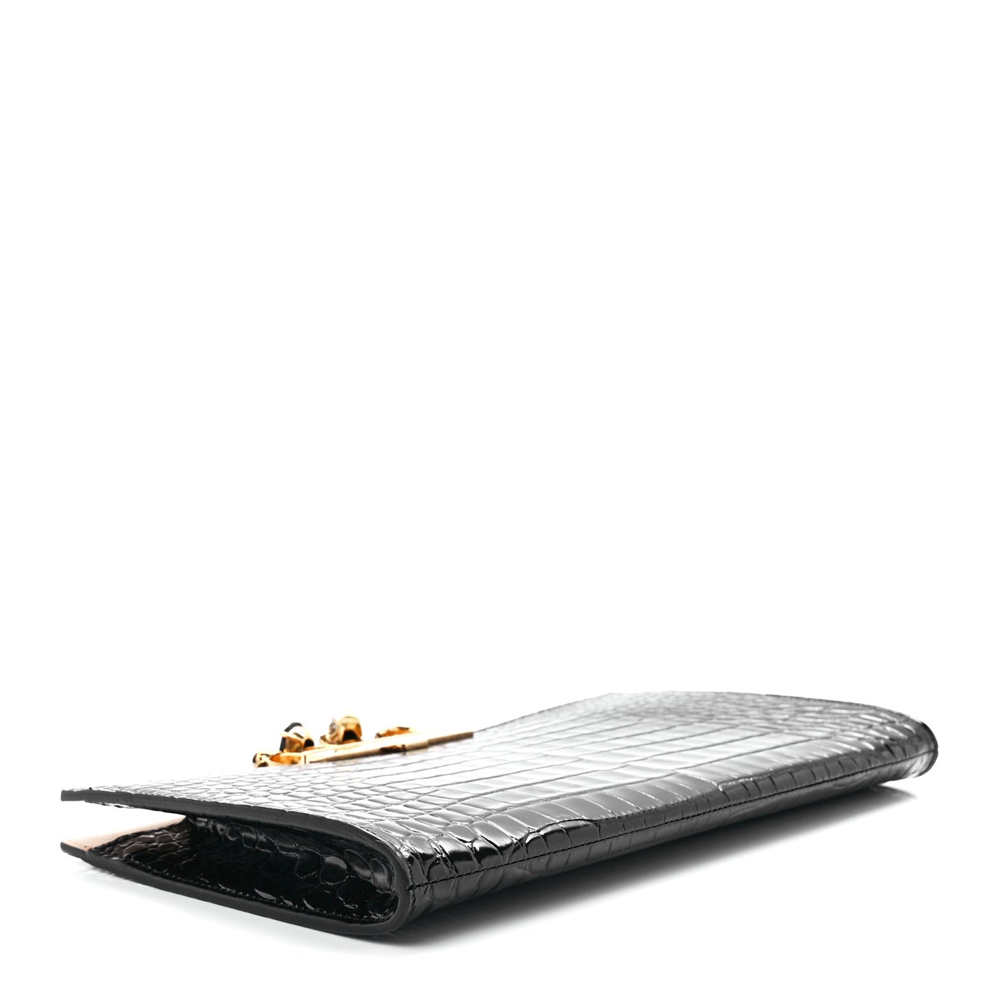 Calfskin Crocodile Embossed Knuckle Flat Clutch Black Gold