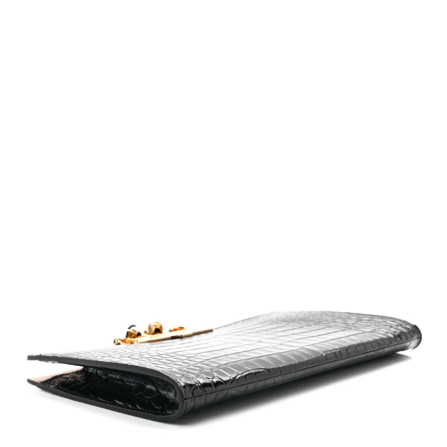Alexander McQueen Calfskin Crocodile Embossed Knuckle Flat Clutch Black Gold 4 of 11