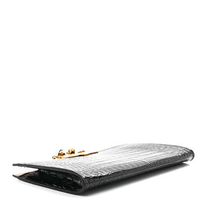 Alexander McQueen Calfskin Crocodile Embossed Knuckle Flat Clutch Black Gold 4 of 11