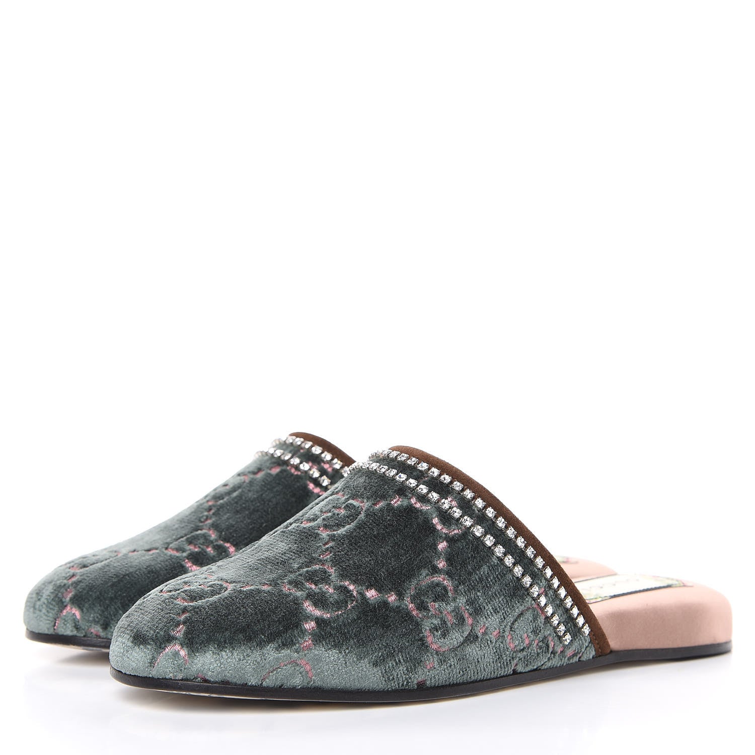 Gucci Velvet GG Monogram Crystal Womens Slippers 35.5 Avio Dusty Pink Vintage Cocoa 3 of 9