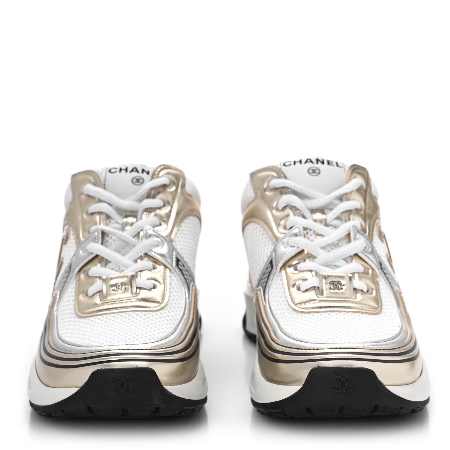 Chanel Fabric Laminated Calfskin Stretch CC Sneakers 36 White Gold Silver 2 of 9