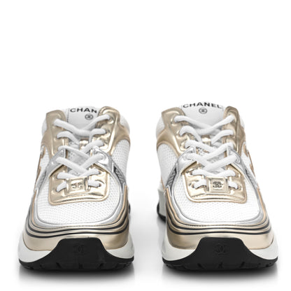 Chanel Fabric Laminated Calfskin Stretch CC Sneakers 36 White Gold Silver 2 of 9