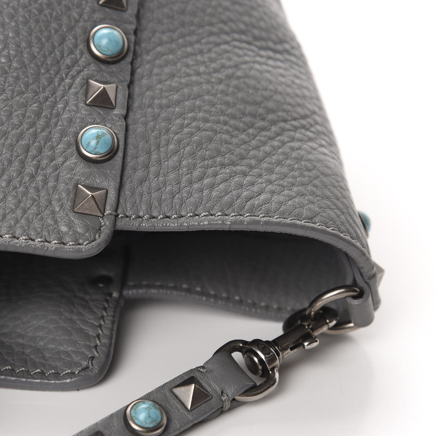 Grained Calfskin Turquoise Small Rockstud Rolling Tote Light Stone