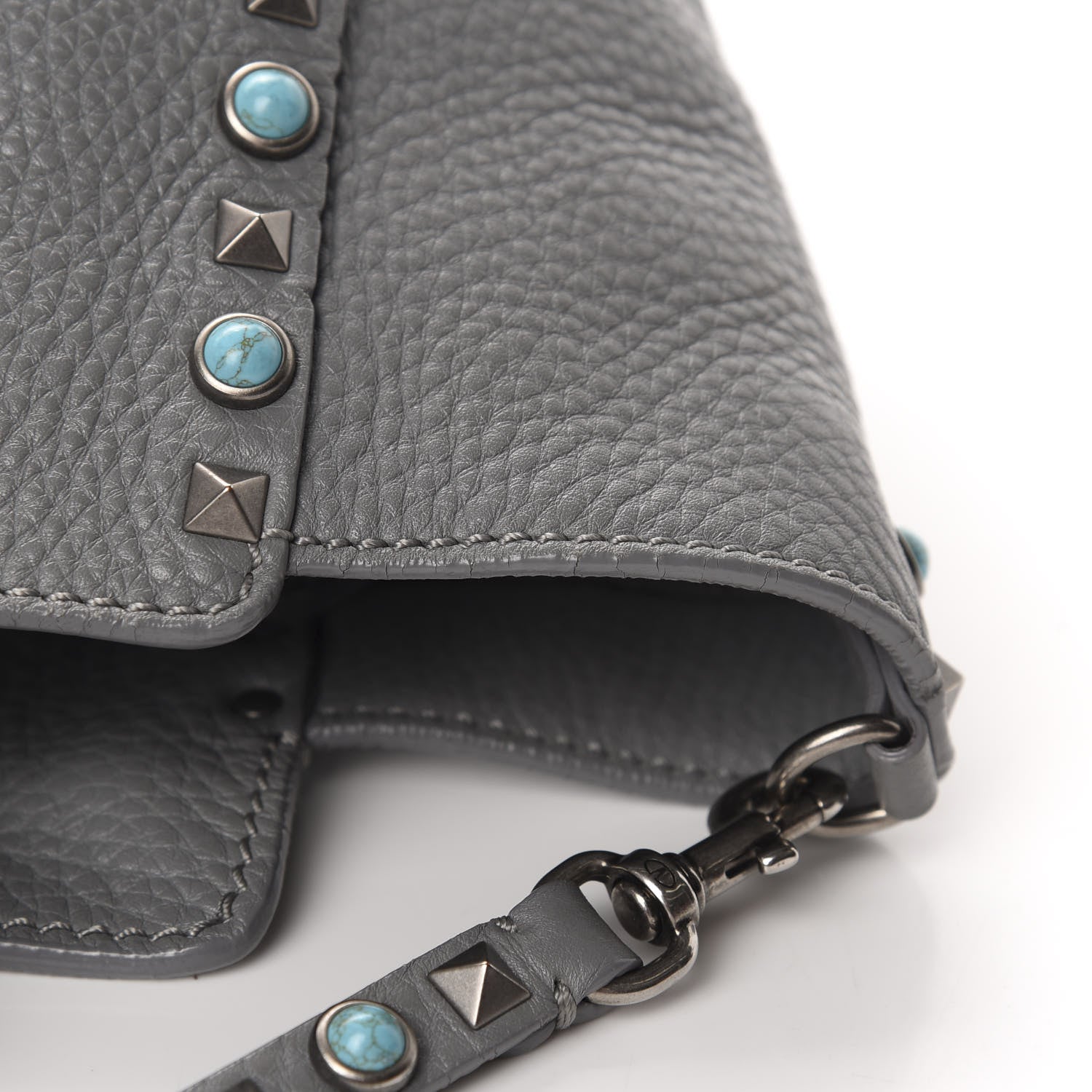 Valentino Garavani Grained Calfskin Turquoise Small Rockstud Rolling Tote Light Stone 12 of 14