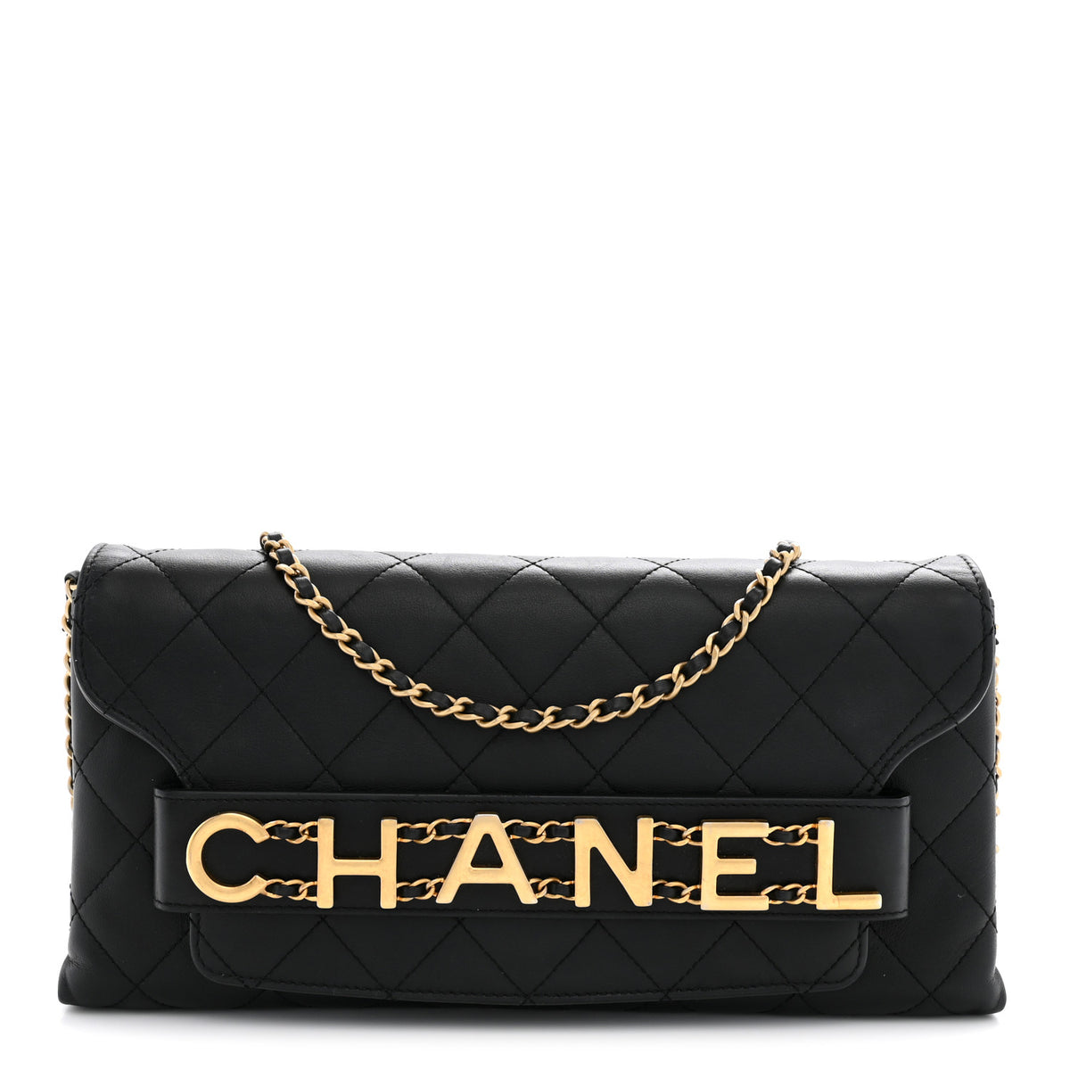 Calfskin Quilted Enchained Clutch Black