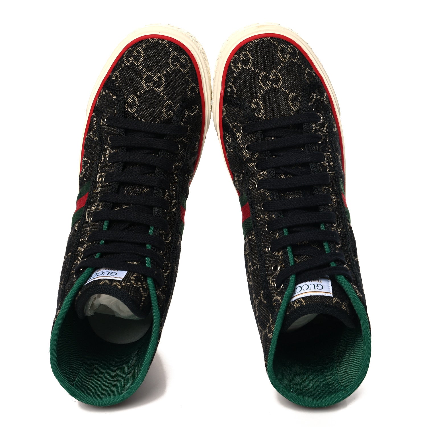 Gucci New Denim GG Monogram Web Mens 1977 Tennis High Top Sneakers 7.5 Black Ivory 2 of 9
