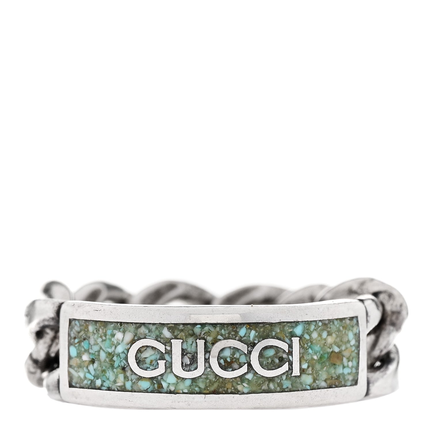 Gucci Sterling Silver Enamel Logo Chain Ring 62 10 Turquoise 1 of 5