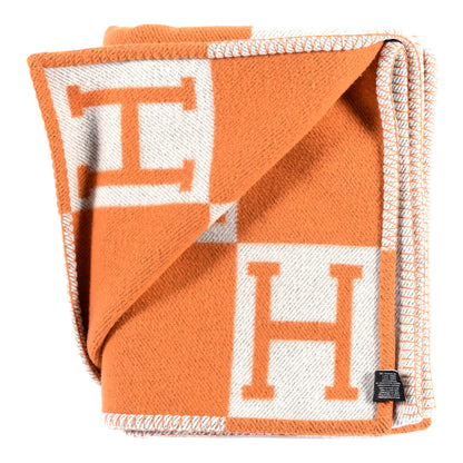 Hermes Wool Cashmere Signature Classic Avalon Blanket Ecru Potiron 2 of 3