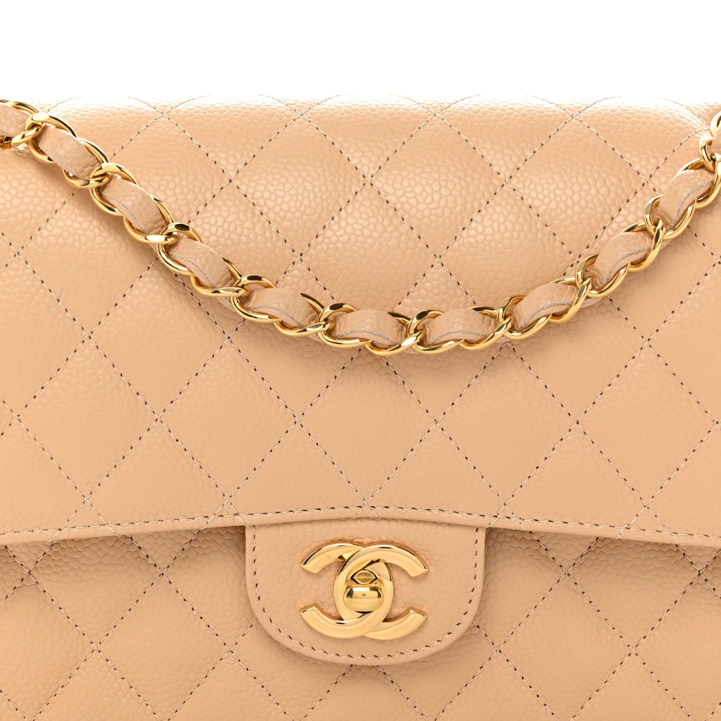 Caviar Quilted Medium Double Flap Beige