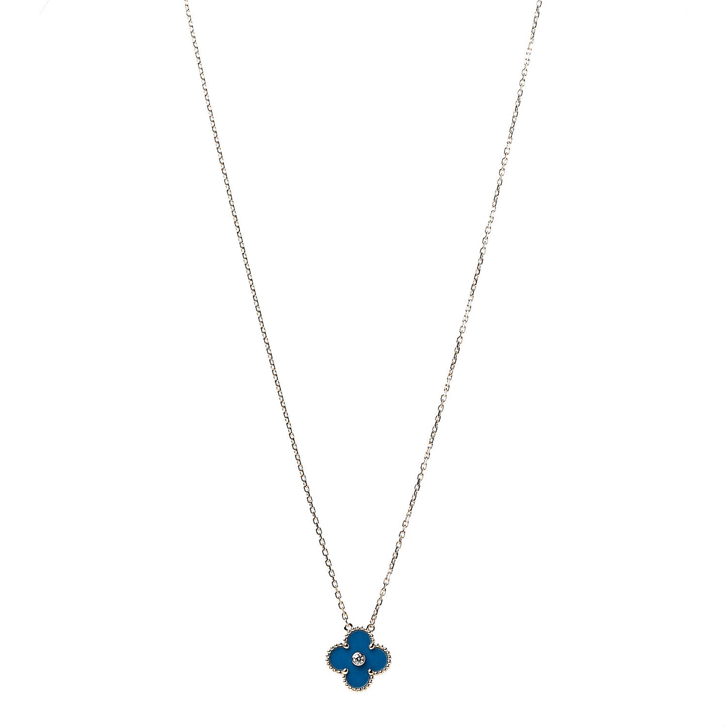18K Yellow Gold Diamond Celestial Blue Sevres Porcelain Vintage Alhambra Pendant Necklace