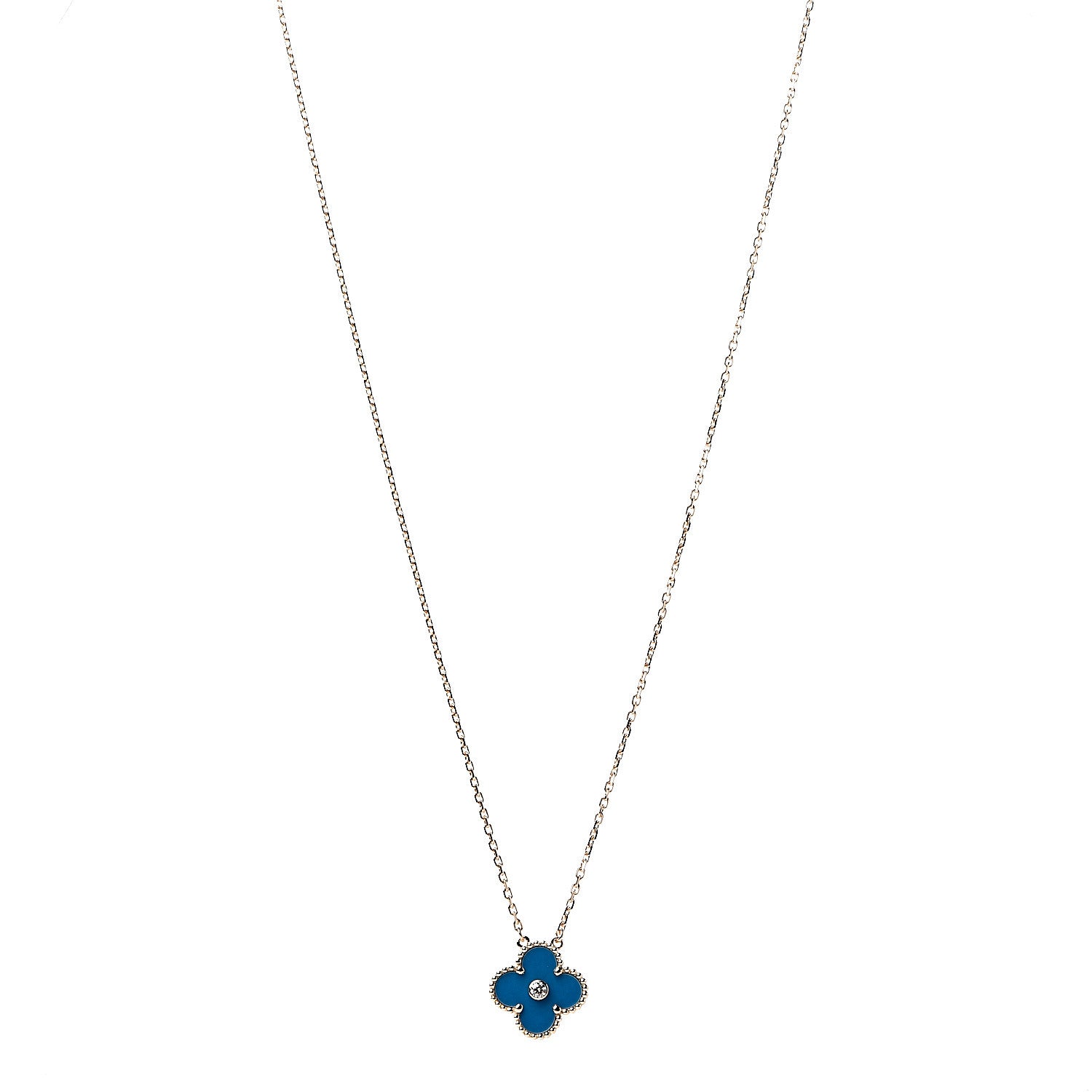 Van Cleef & Arpels 18K Yellow Gold Diamond Celestial Blue Sevres Porcelain Vintage Alhambra Pendant Necklace 1 of 6