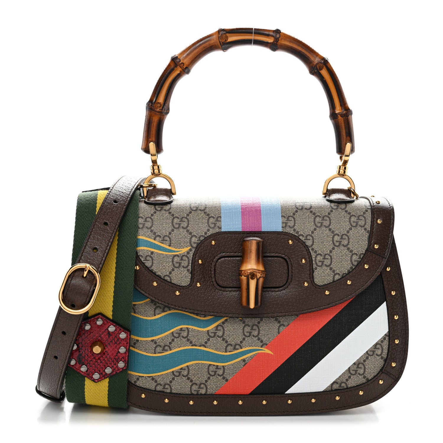 Gucci GG Supreme Monogram Studded Calfskin Centum Medium Bamboo 1947 Top Handle Bag Beige Ebony Multicolor 1 of 11