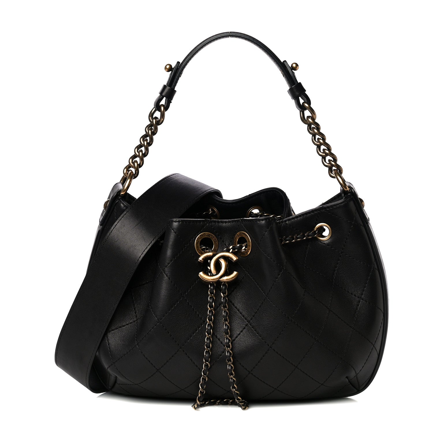 Chanel Calfskin Stitched Small Paris Rome Drawstring CC Bag Black 1 of 17