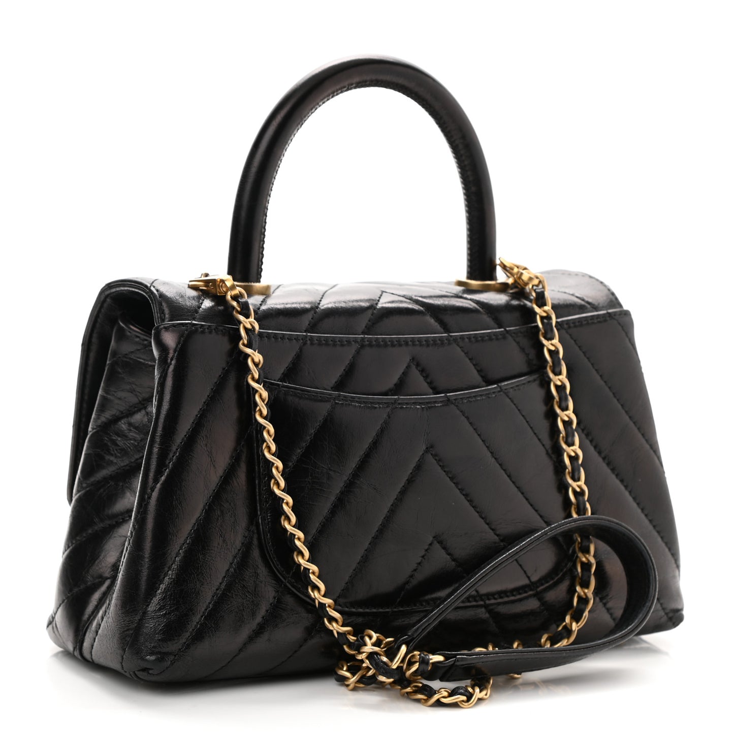 Aged Calfskin Chevron Quilted Mini Coco Handle Flap Black