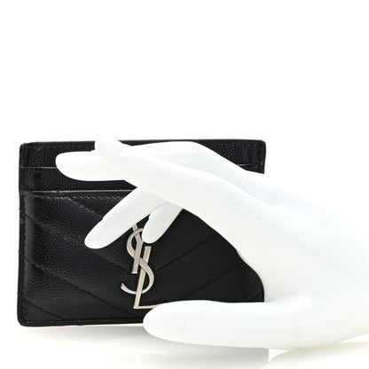 Saint Laurent Grain De Poudre Matelasse Chevron Monogram Credit Card Case Black 2 of 6