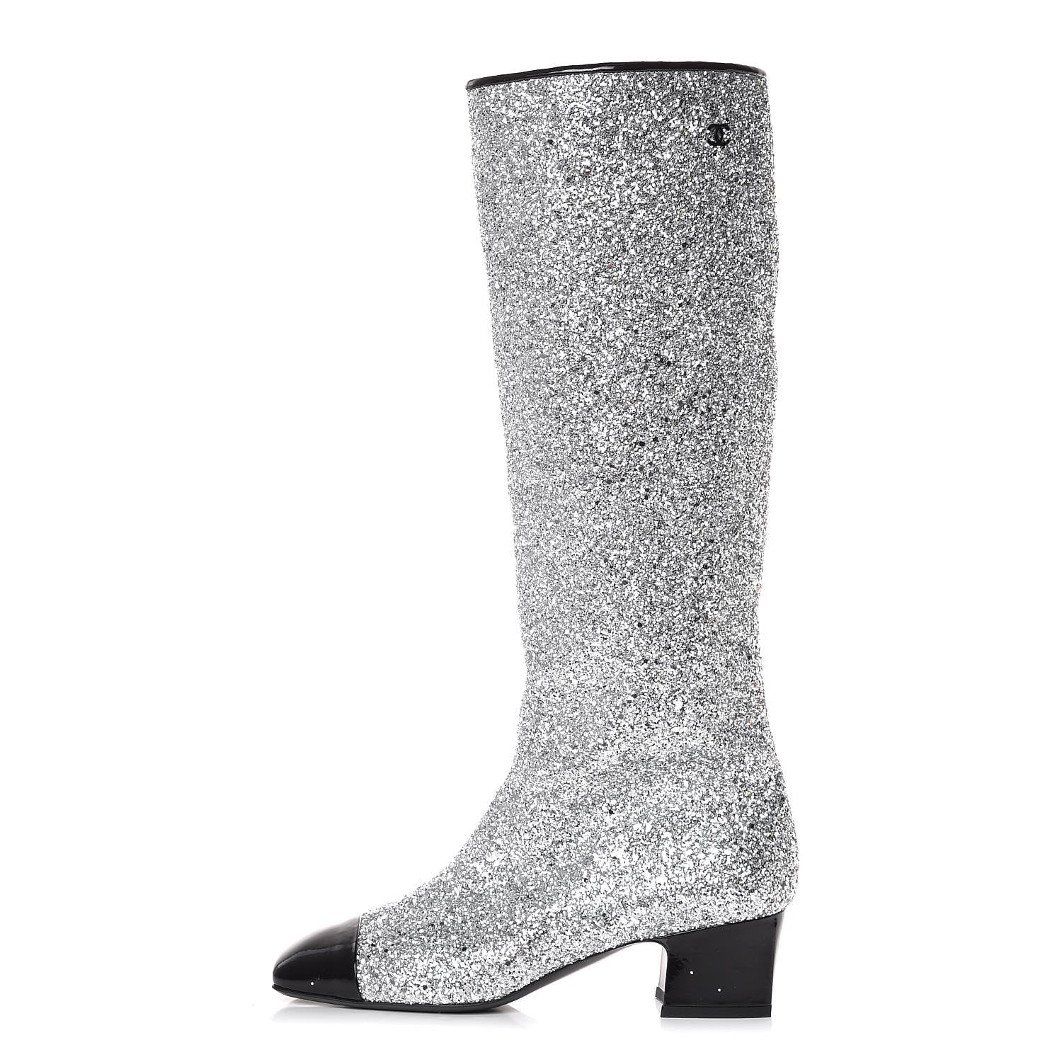 Chanel Glitter Patent Calfskin Cap Toe Fantasy High Boots 39.5 Silver Black 1 of 9