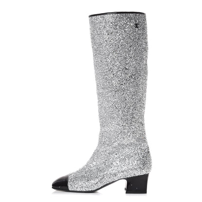 Chanel Glitter Patent Calfskin Cap Toe Fantasy High Boots 39.5 Silver Black 1 of 9
