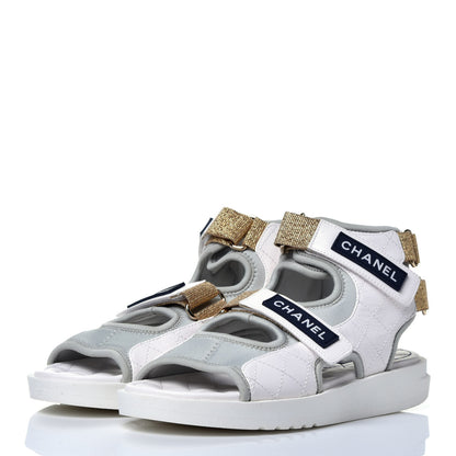 Chanel Goatskin Fabric Gladiator Sandals 37.5 White Light Grey Navy Blue 3 of 8