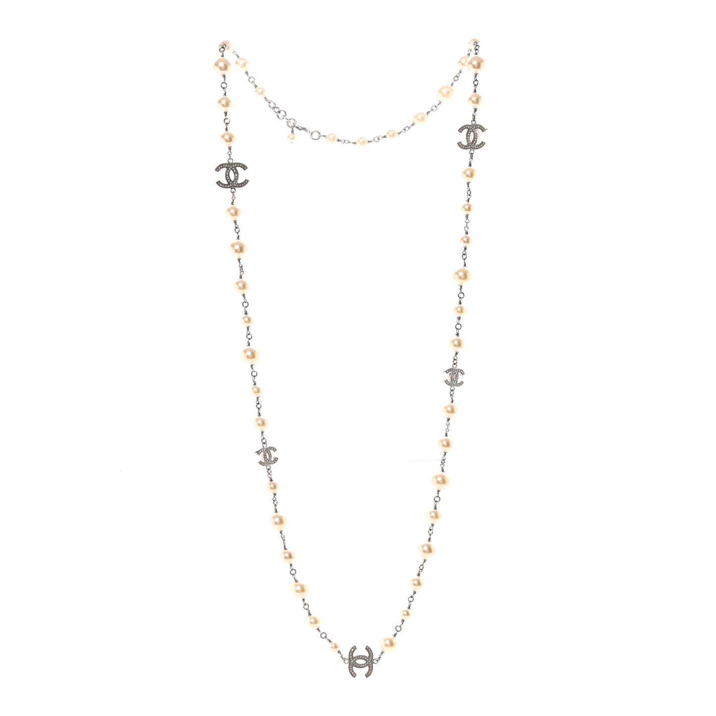 Graduated Pearl Crystal CC Long Necklace Silver