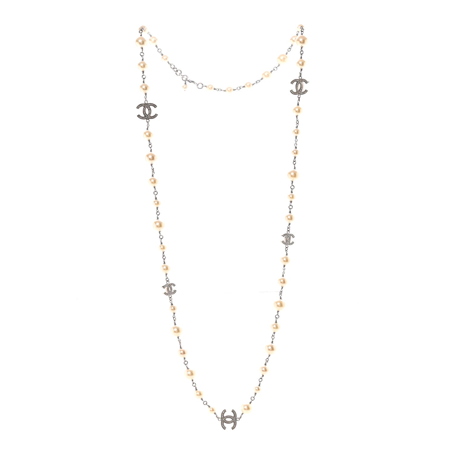 Chanel Graduated Pearl Crystal CC Long Necklace Silver 3 of 5
