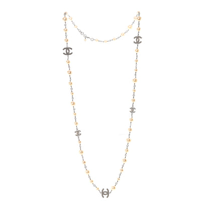 Chanel Graduated Pearl Crystal CC Long Necklace Silver 3 of 5