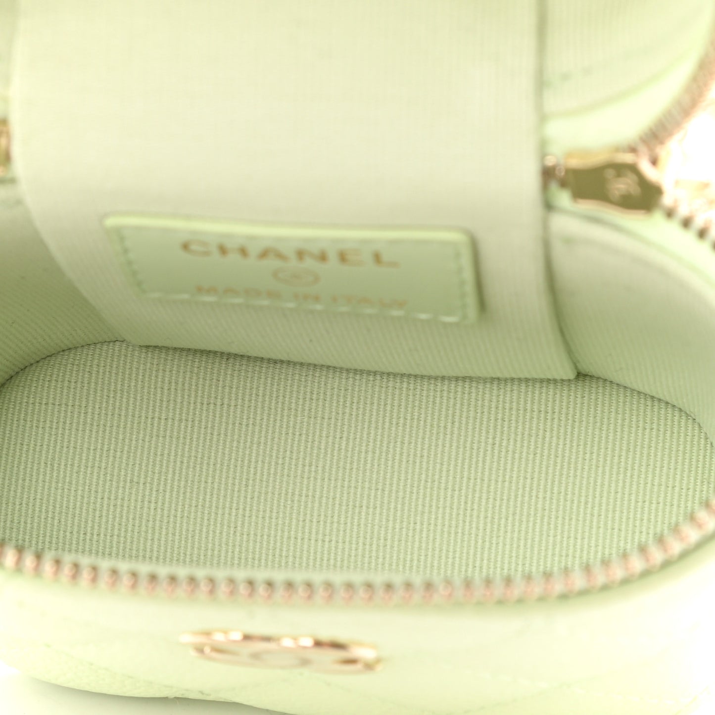 Caviar Quilted Small Handle With Care Vanity Case With Chain Light Green