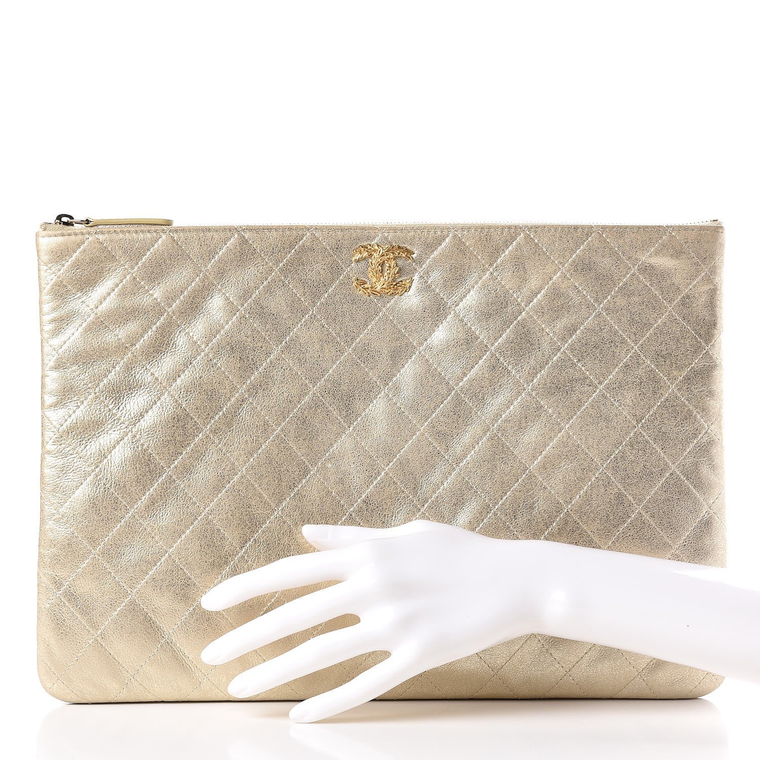 Chanel Metallic Calfskin Quilted Large Cosmetic Case Light Gold 2 of 9