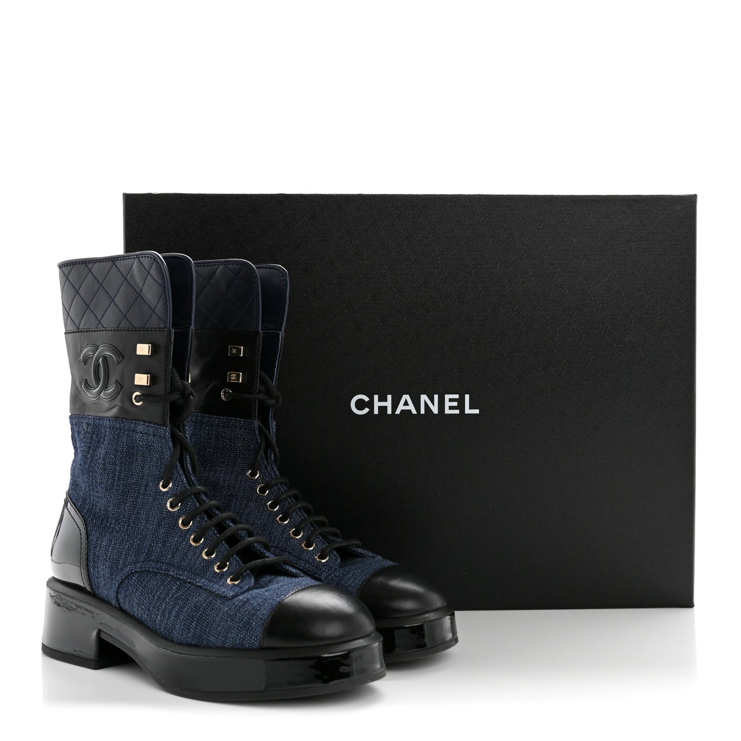Denim Patent Lambskin Quilted CC Lace Up Combat Boots 38 Blue Black