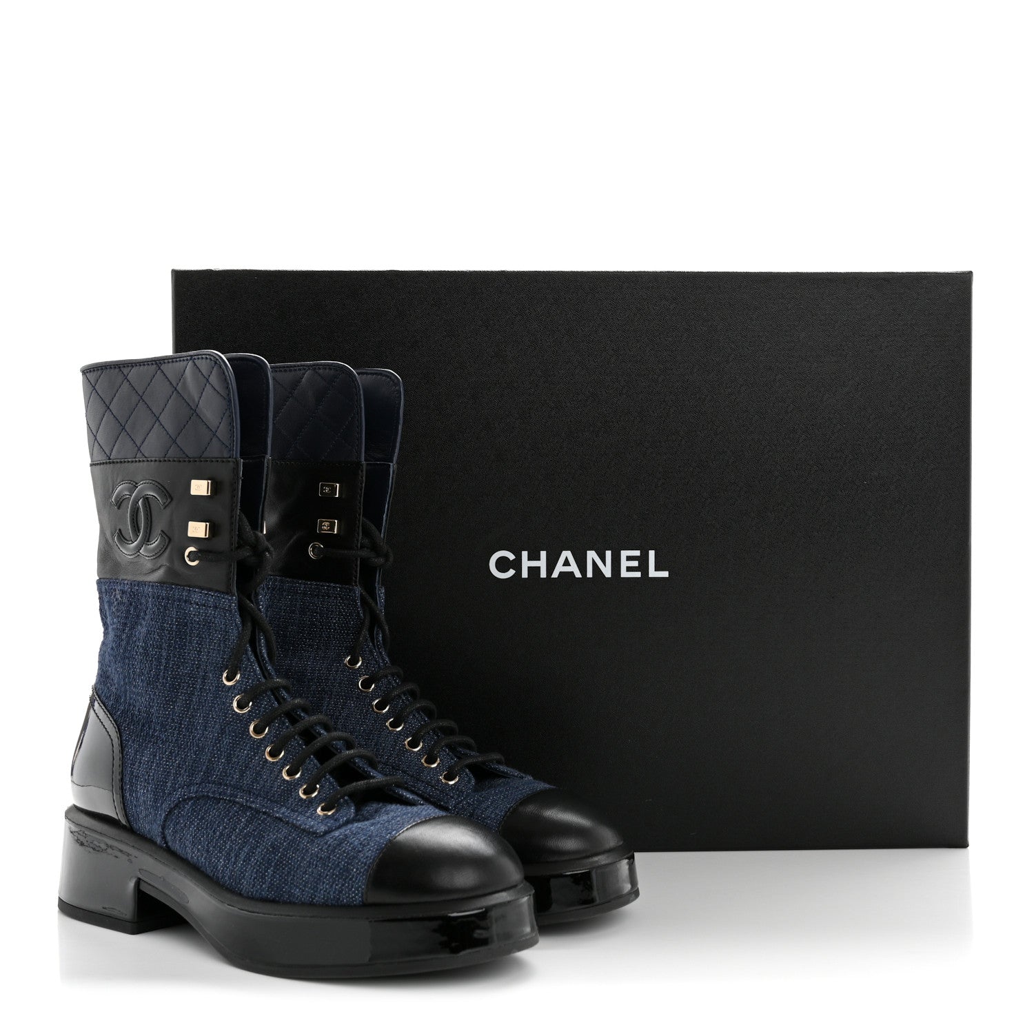Chanel Denim Patent Lambskin Quilted CC Lace Up Combat Boots 38 Blue Black 10 of 10
