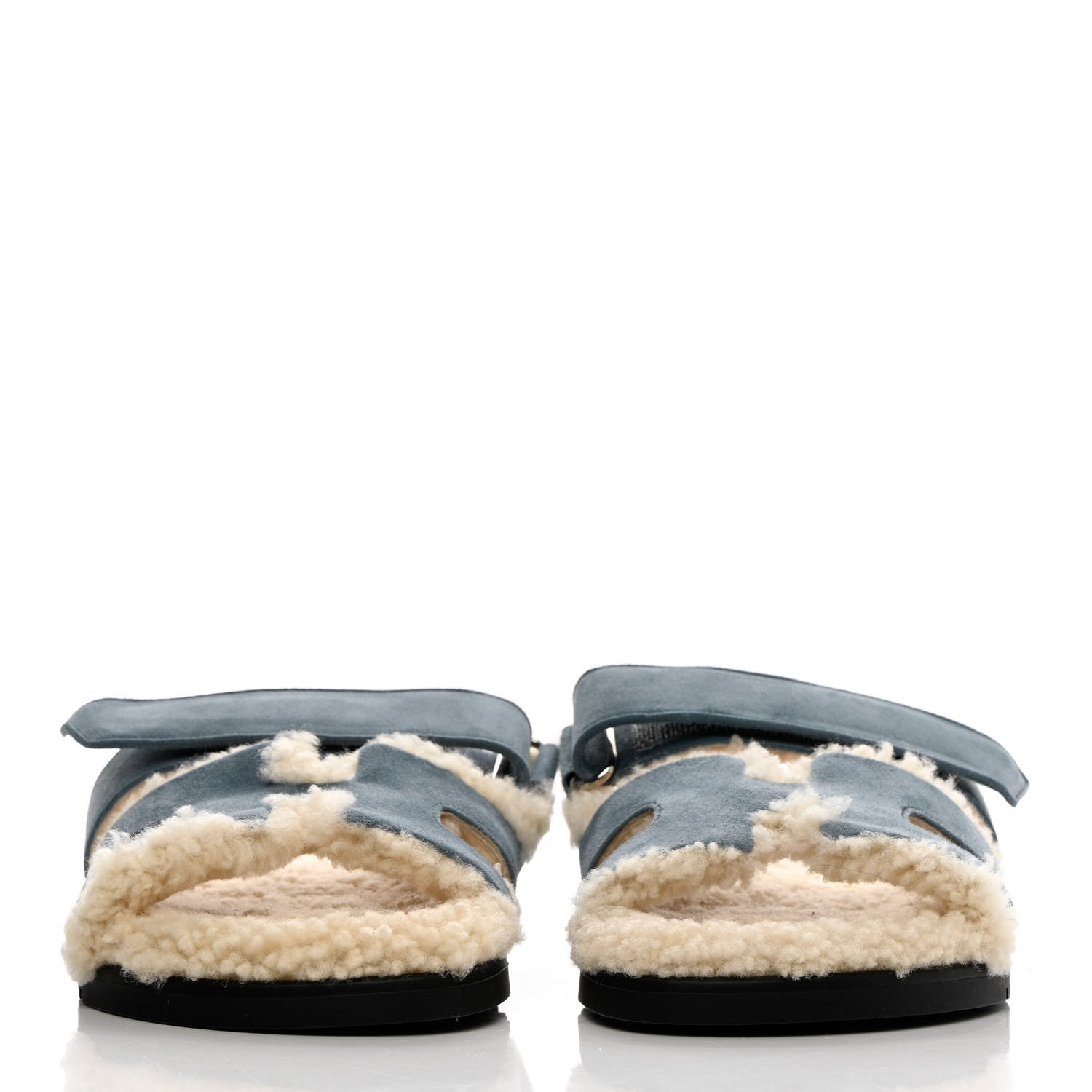 Hermes Suede Goatskin Woolskin Womens Chypre Sandals 37 Bleu Pinede Ecru 2 of 8
