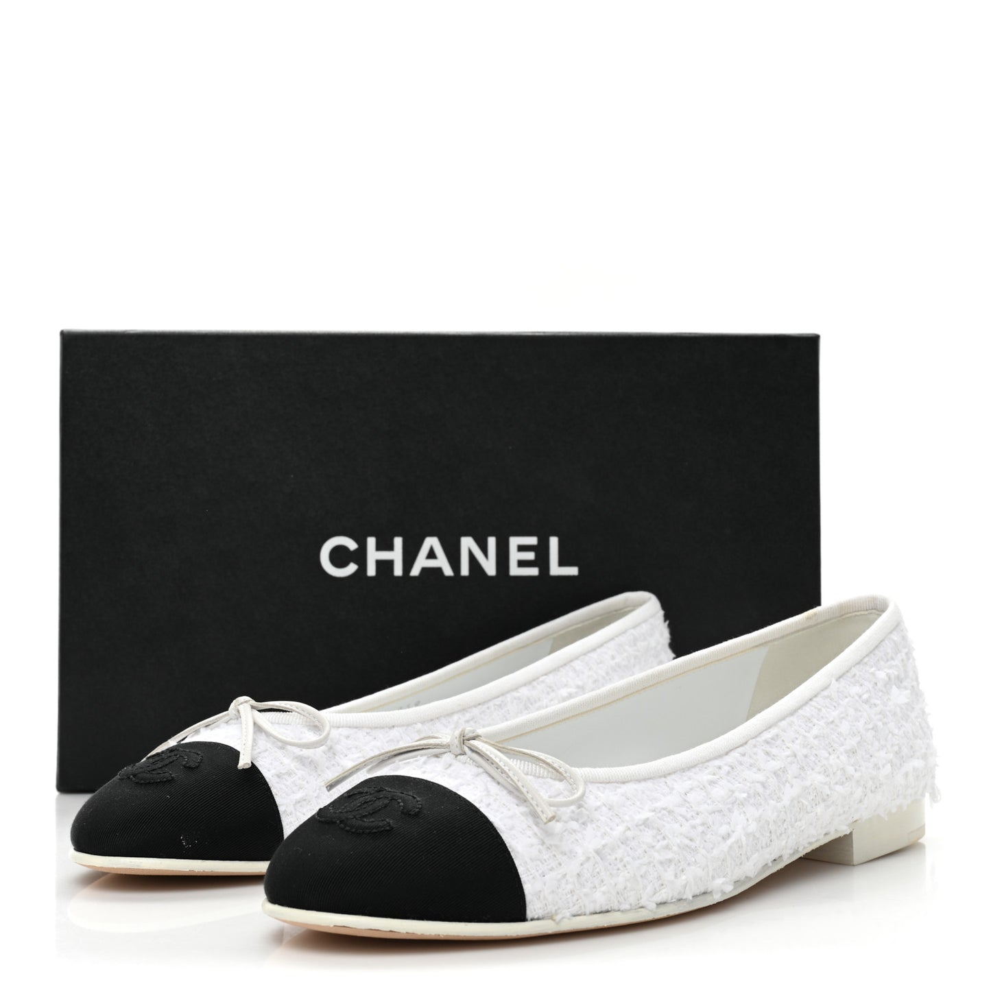 Cotton Tweed Grosgrain Cap Toe Ballerina Flats 37.5 White Black