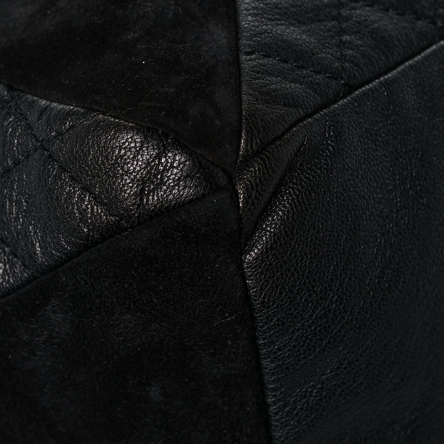 Goatskin Suede Calfskin Quilted Patchwork Drawstring Bag Black