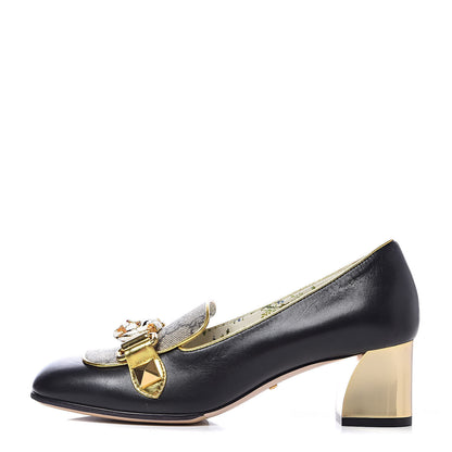 Gucci Malaga Kid Nappa GG Supreme Monogram Tiger Head Mid Heel Loafer Pumps 35.5 Black Oro Vecchio Beige 1 of 9