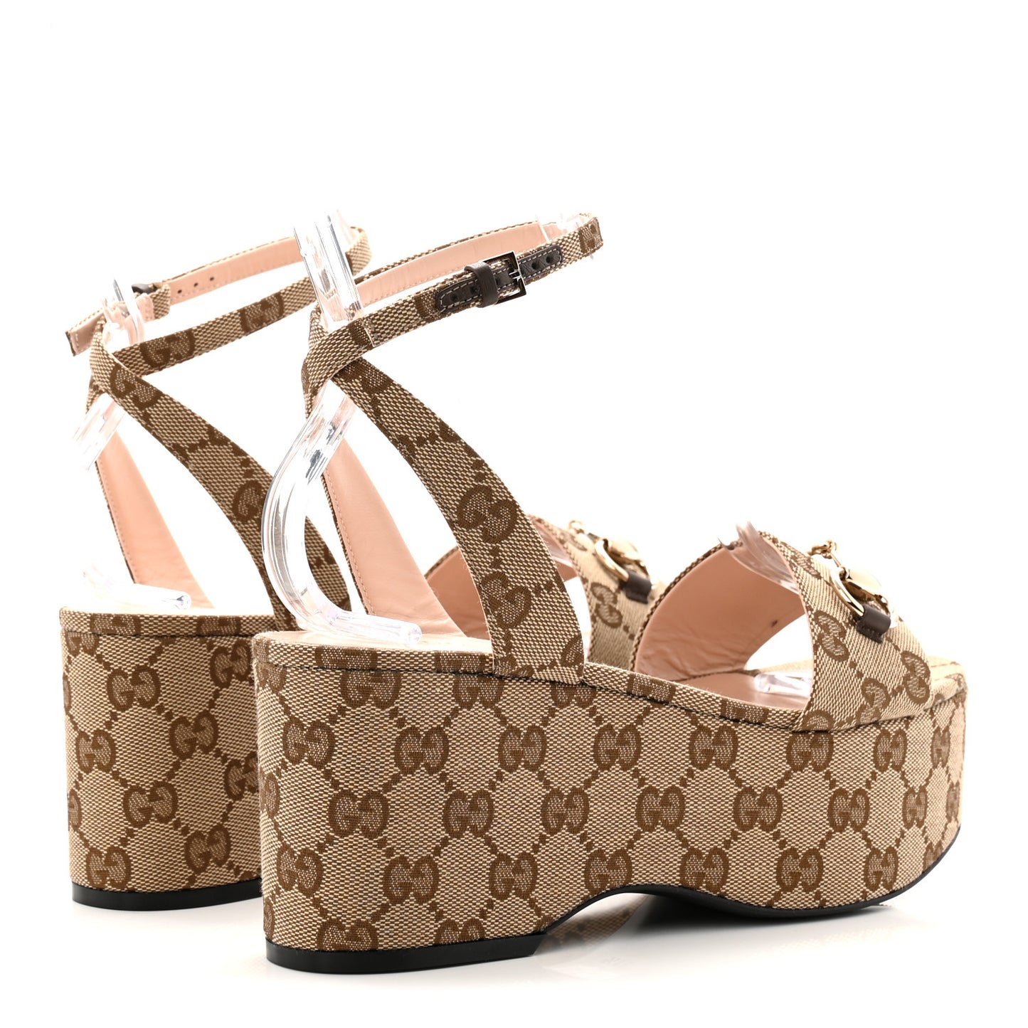 Monogram Nappa Chalotte Horsebit Ankle Strap 75mm Flatform Sandals 37.5 Beige Ebony