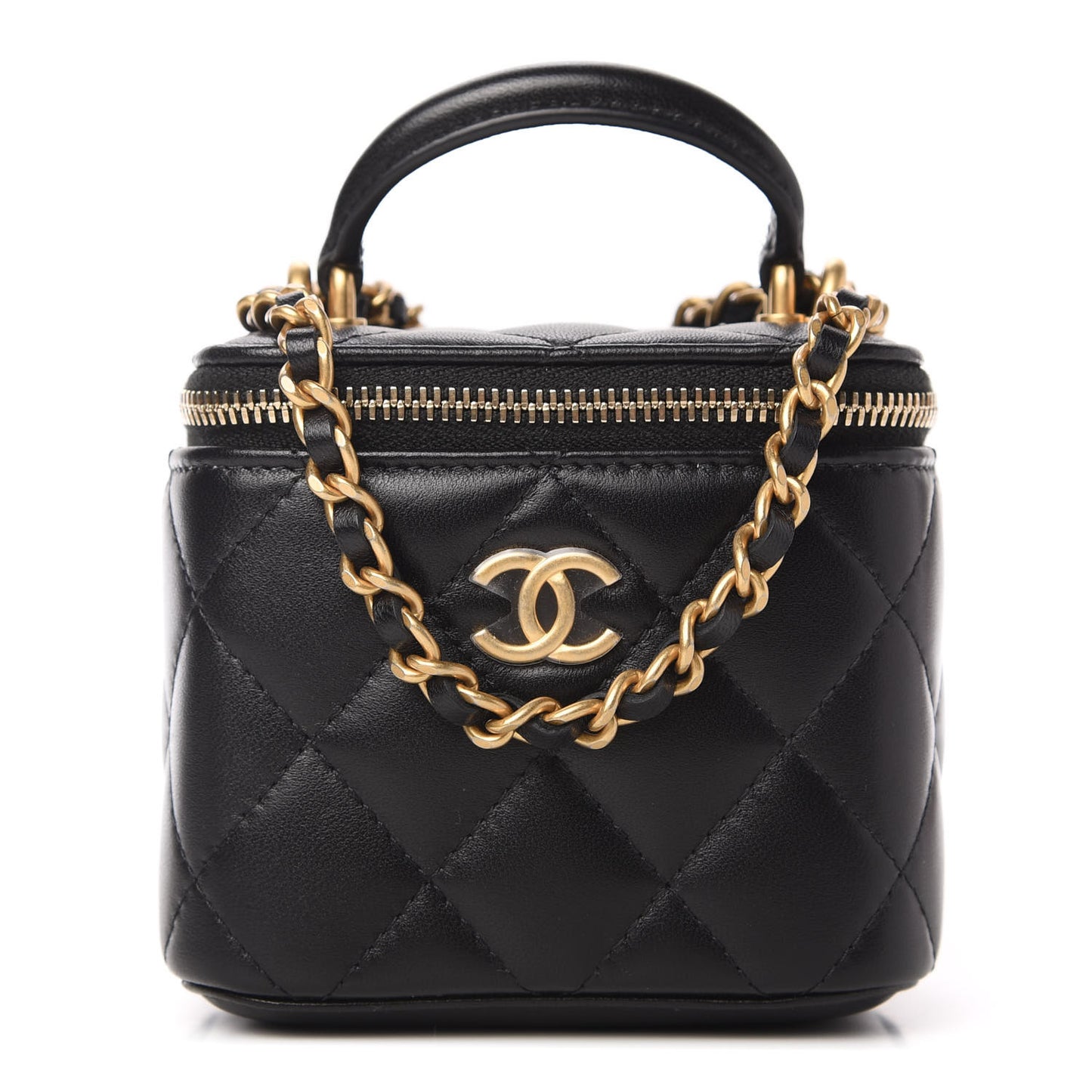 Lambskin Quilted Top Handle Mini Vanity Case With Chain Black