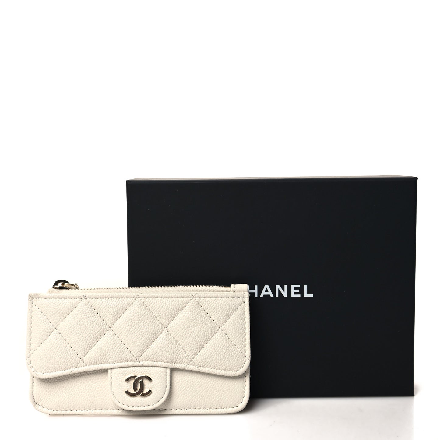 Caviar Quilted Flap Zip Card Holder White