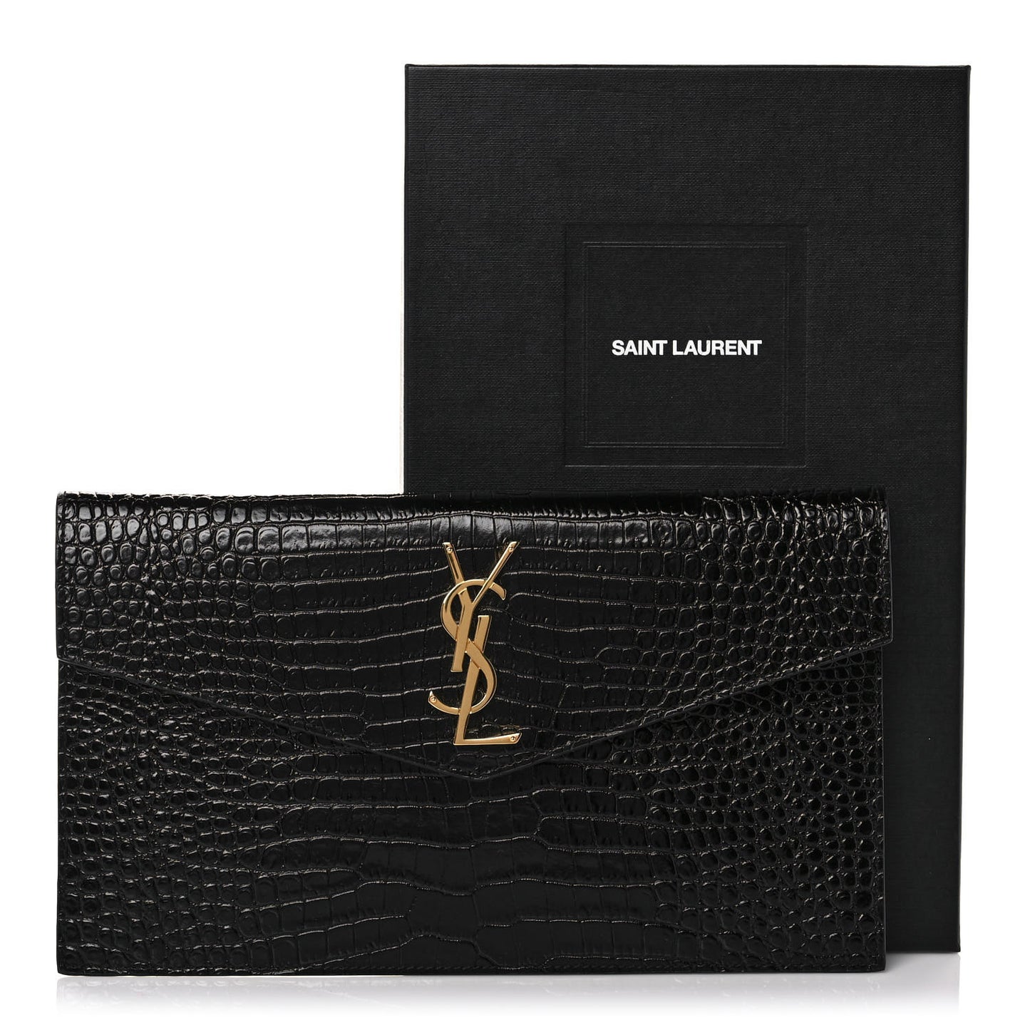 Calfskin Crocodile Embossed Uptown Monogram Clutch Black