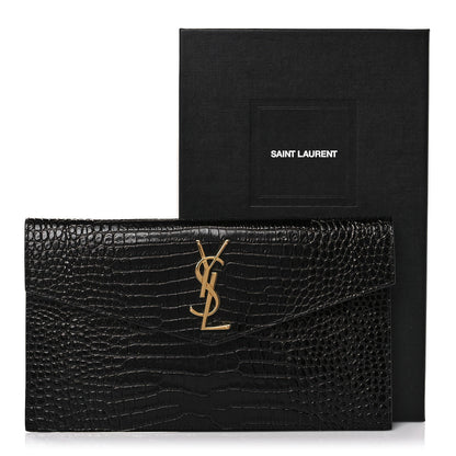 Saint Laurent Calfskin Crocodile Embossed Uptown Monogram Clutch Black 7 of 7