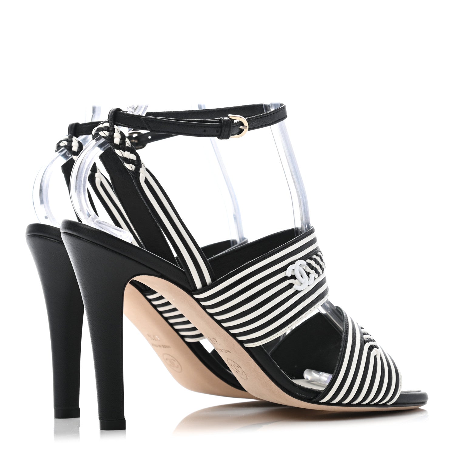 Chanel Lambskin Braided Striped Sandals 37.5 Black White 4 of 7
