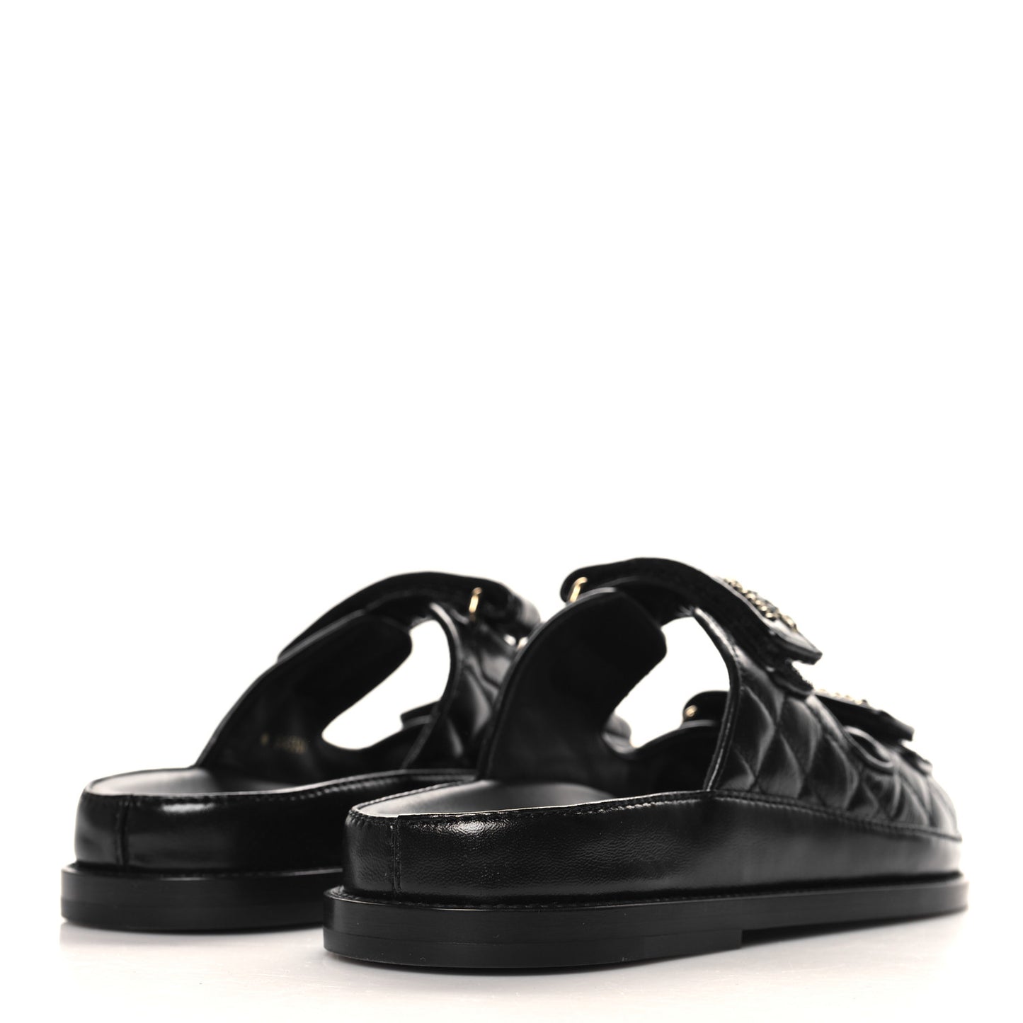 Lambskin Quilted Velcro Dad Chain CC Slide Sandals 37 Black
