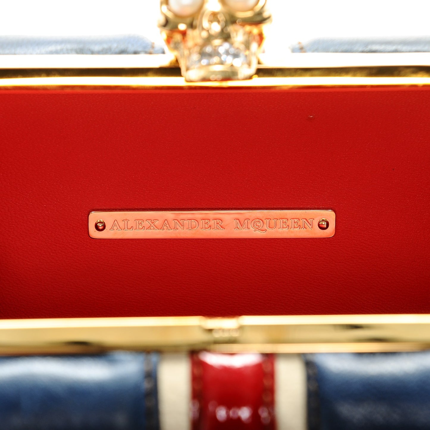 Patent Calfskin Britannia Skull Box Clutch Red Blue